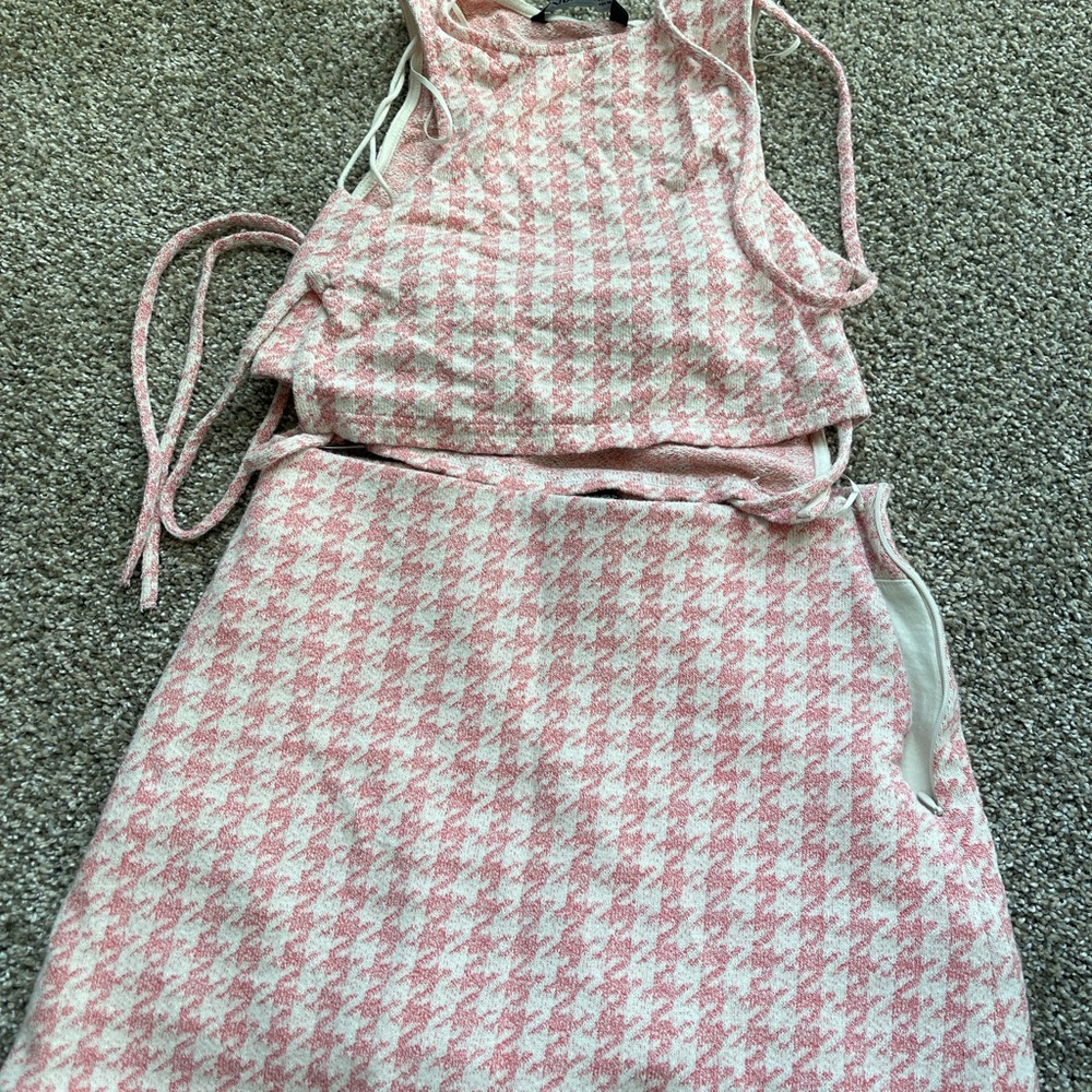 Zara Pink and White Houndstooth Skirt Set